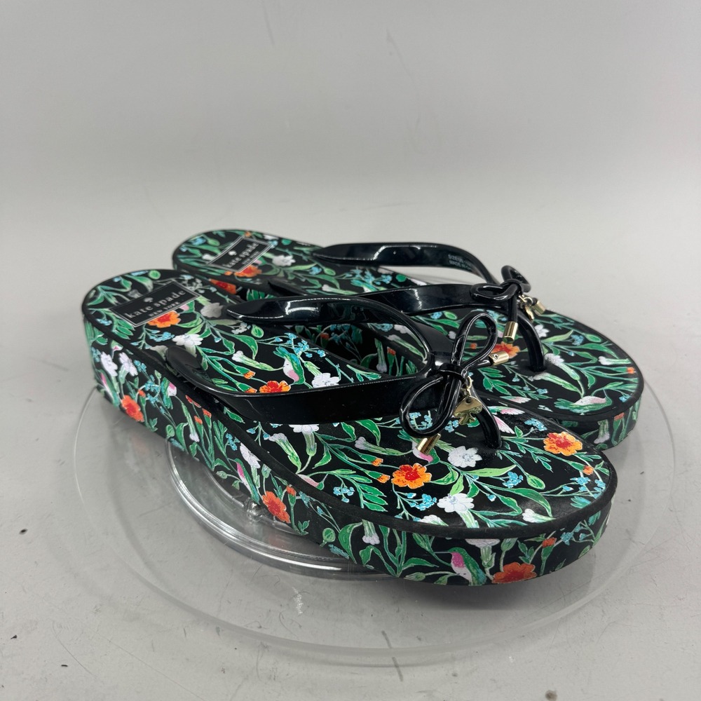 Kate Spade Womens Floral Platform Flip Flop Wedge Sandals Bow Black Size 10M
